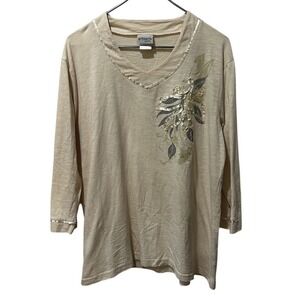 Artisans Apparel Beige V-Neck 3/4 Sleeve Embellished Floral Top Plus Size XXL